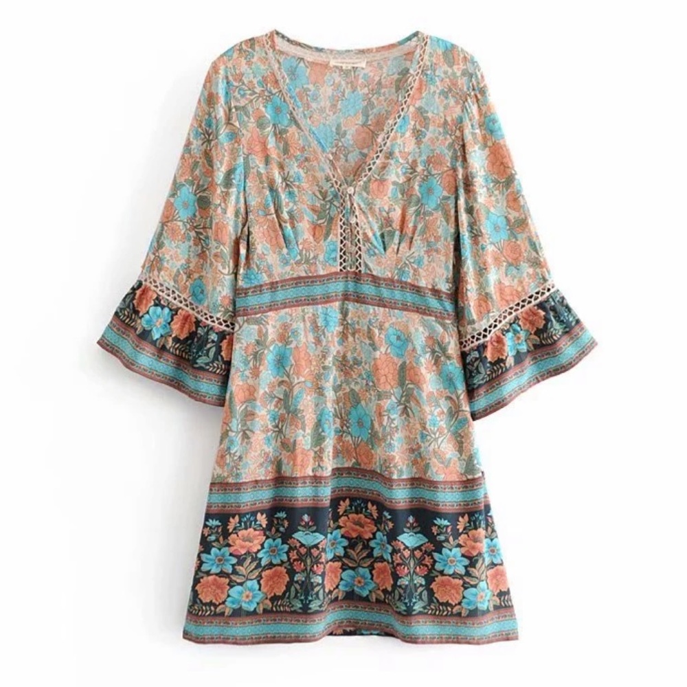 Kimono Sleeve Boho Floral Gypsy Print Dress V Neck - Picture 2 of 4